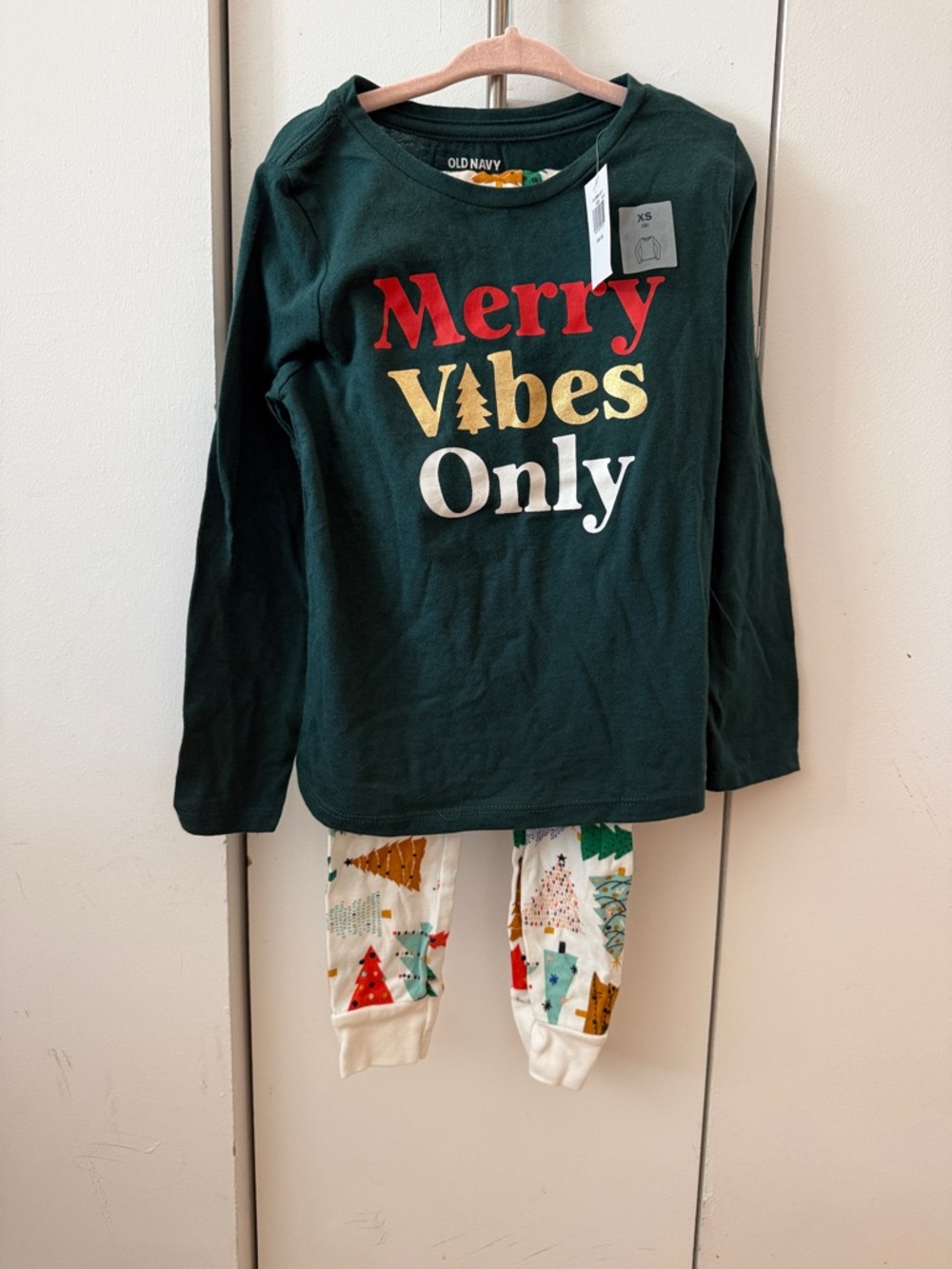Old Navy Kids Green Pajama Set with Red, Gold, White Accents